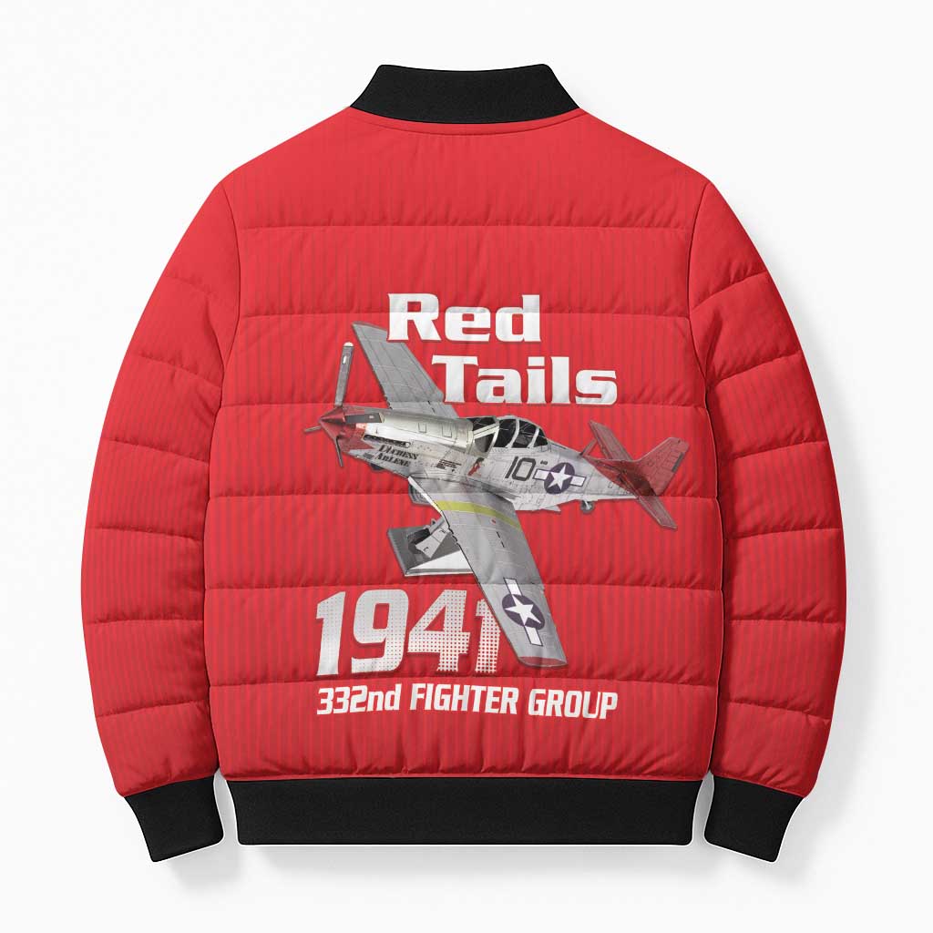 Tuskegee Red Tails Airmen Bomber Puffer Jacket P-51 Mustang 332nd Fighter Group - Red