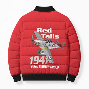 Tuskegee Red Tails Airmen Bomber Puffer Jacket P-51 Mustang 332nd Fighter Group - Red