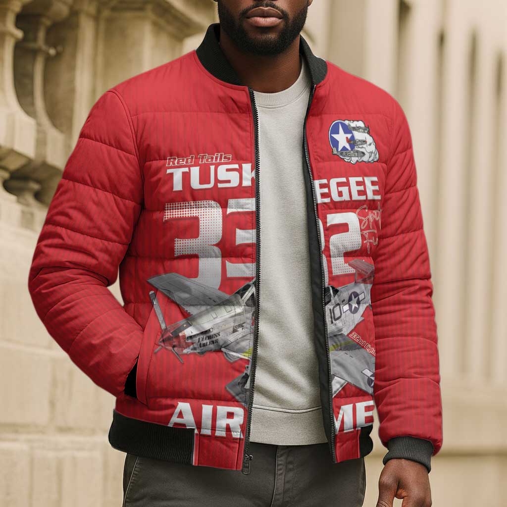 Tuskegee Red Tails Airmen Bomber Puffer Jacket P-51 Mustang 332nd Fighter Group - Red