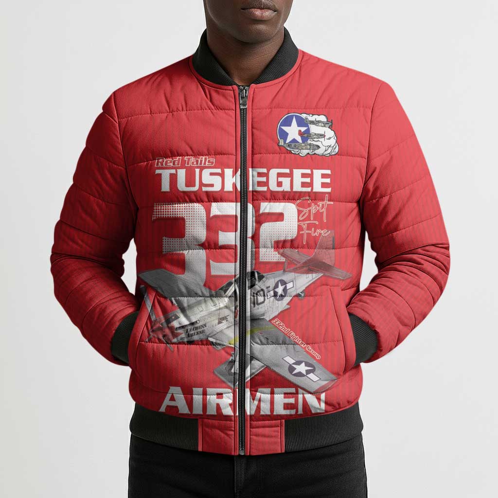Tuskegee Red Tails Airmen Bomber Puffer Jacket P-51 Mustang 332nd Fighter Group - Red