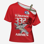 Tuskegee Red Tails Airmen Cross Shoulder Shirt P-51 Mustang 332nd Fighter Group - Red