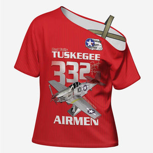 Tuskegee Red Tails Airmen Cross Shoulder Shirt P-51 Mustang 332nd Fighter Group - Red