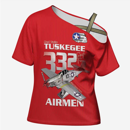 Tuskegee Red Tails Airmen Cross Shoulder Shirt P-51 Mustang 332nd Fighter Group - Red