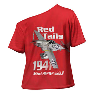 Tuskegee Red Tails Airmen Cross Shoulder Shirt P-51 Mustang 332nd Fighter Group - Red