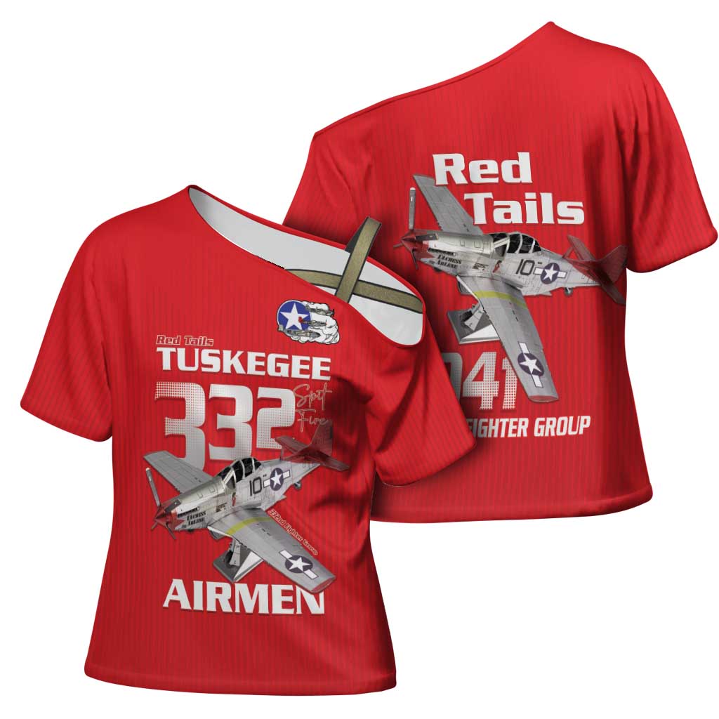 Tuskegee Red Tails Airmen Cross Shoulder Shirt P-51 Mustang 332nd Fighter Group - Red