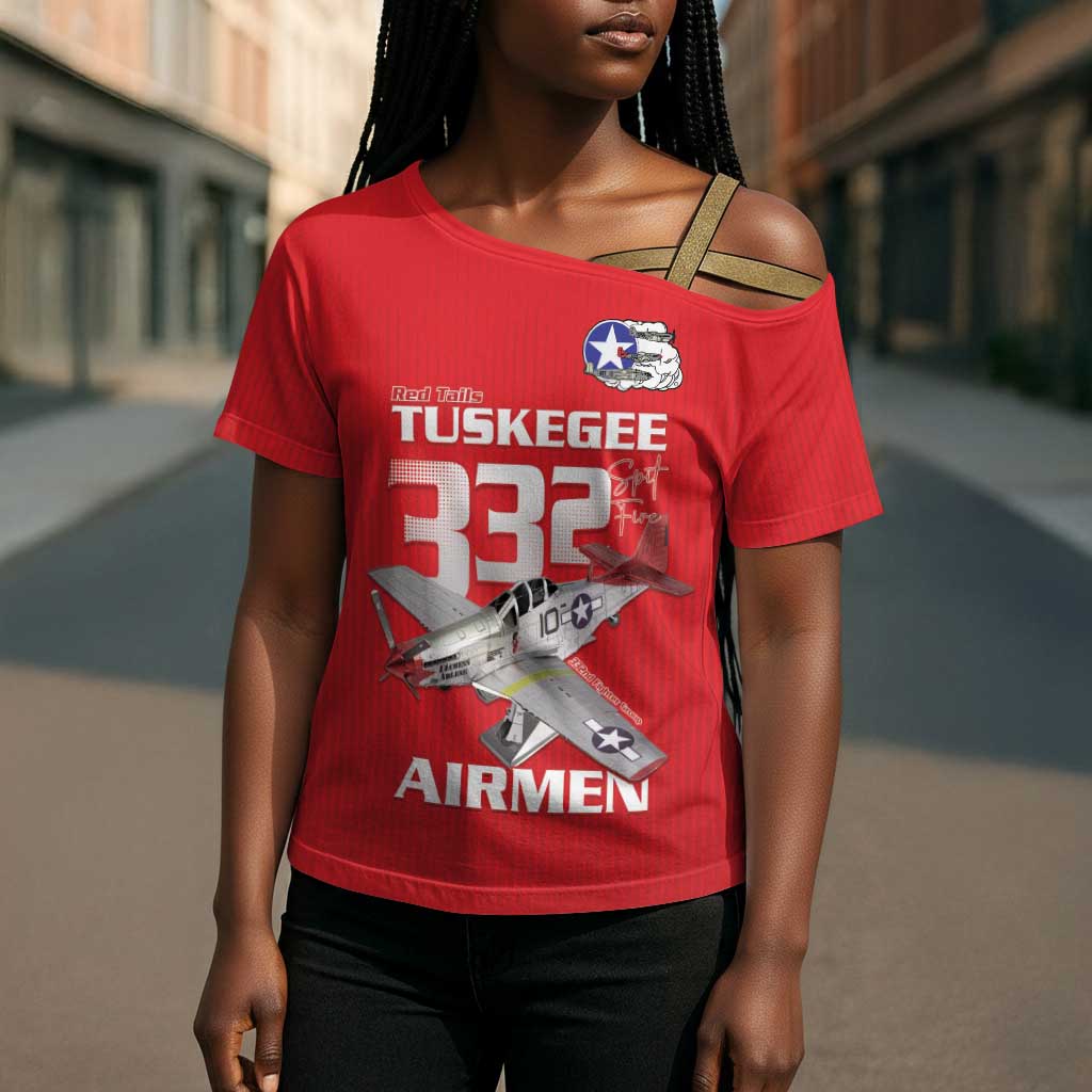 Tuskegee Red Tails Airmen Cross Shoulder Shirt P-51 Mustang 332nd Fighter Group - Red