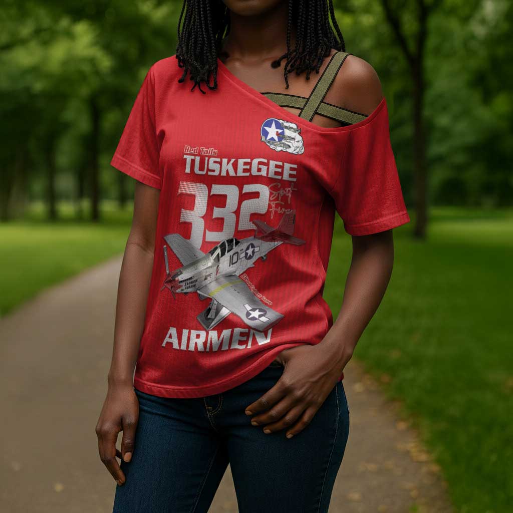 Tuskegee Red Tails Airmen Cross Shoulder Shirt P-51 Mustang 332nd Fighter Group - Red