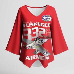 Tuskegee Red Tails Airmen Kimono Sleeve Blouse P-51 Mustang 332nd Fighter Group - Red