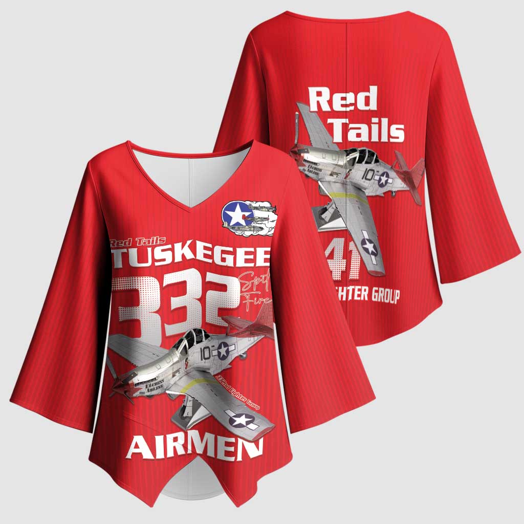 Tuskegee Red Tails Airmen Kimono Sleeve Blouse P-51 Mustang 332nd Fighter Group - Red