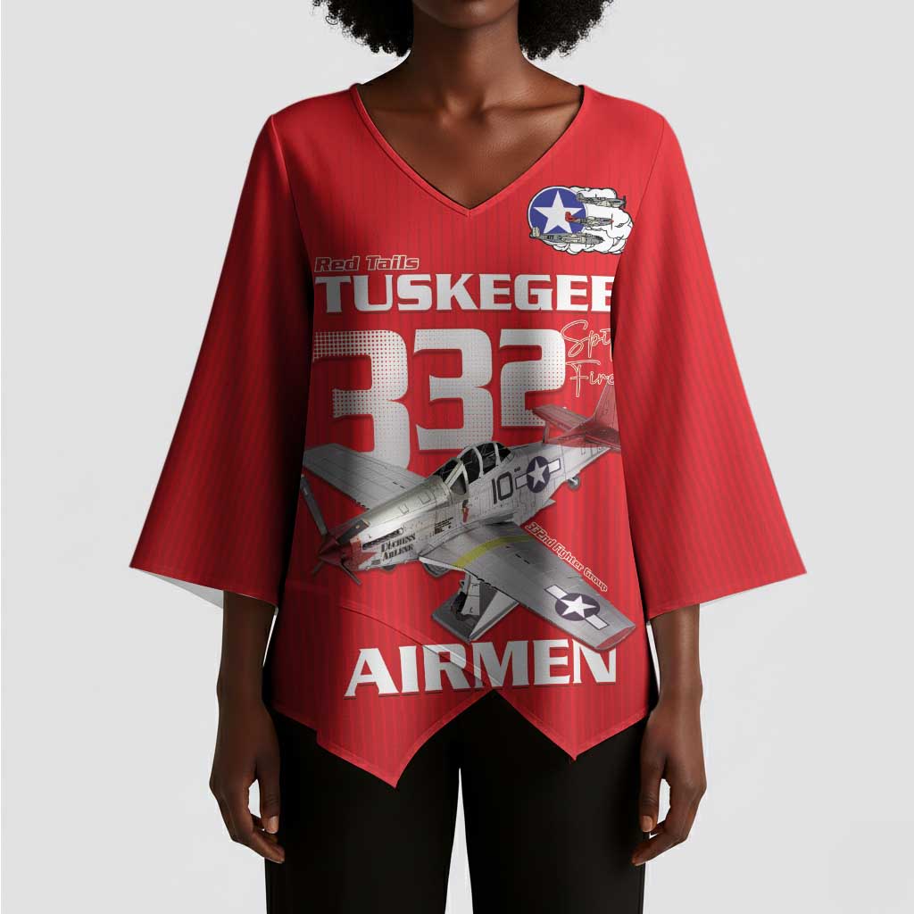 Tuskegee Red Tails Airmen Kimono Sleeve Blouse P-51 Mustang 332nd Fighter Group - Red