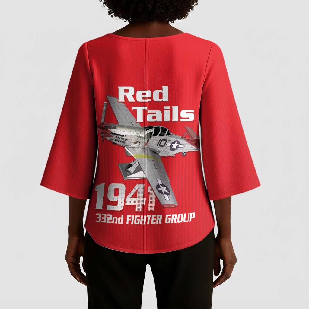 Tuskegee Red Tails Airmen Kimono Sleeve Blouse P-51 Mustang 332nd Fighter Group - Red