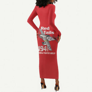Tuskegee Red Tails Airmen Long Sleeve Bodycon Dress 332nd Fighter Group - Red - African Pride