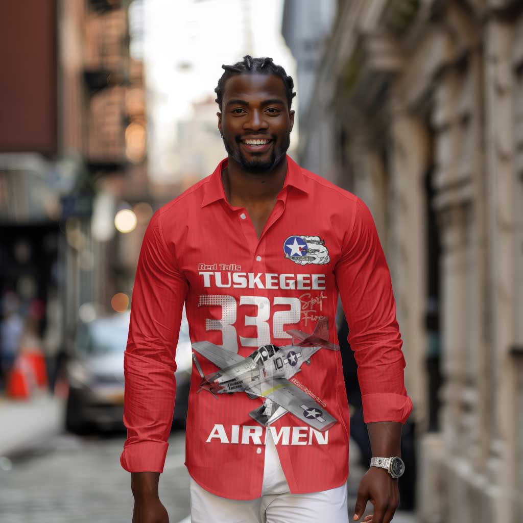 Tuskegee Red Tails Airmen Long Sleeve Button Shirt 332nd Fighter Group - Red - African Pride