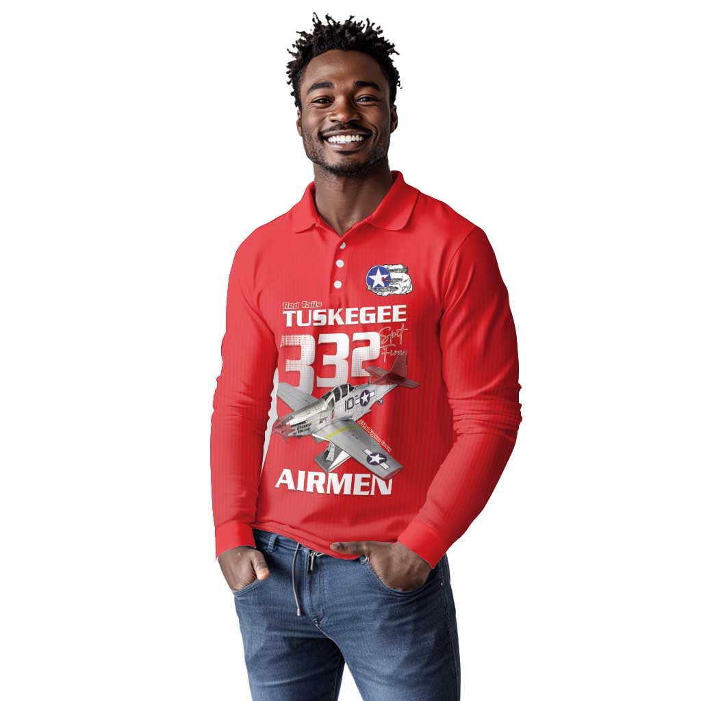 Tuskegee Red Tails Airmen Long Sleeve Polo Shirt 332nd Fighter Group - Red - African Pride