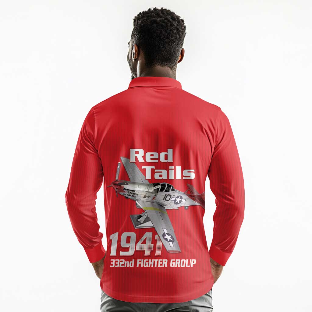 Tuskegee Red Tails Airmen Long Sleeve Polo Shirt 332nd Fighter Group - Red - African Pride
