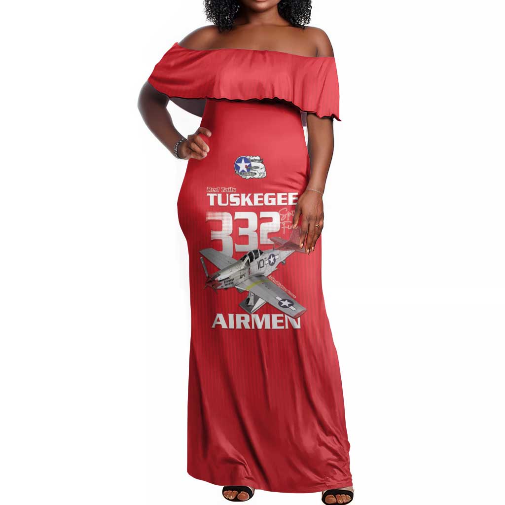 Tuskegee Red Tails Airmen Off Shoulder Maxi Dress 332nd Fighter Group - Red - African Pride