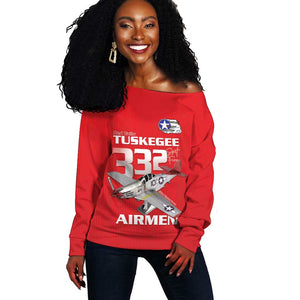 Tuskegee Red Tails Airmen Off Shoulder Sweater 332nd Fighter Group - Red - African Pride