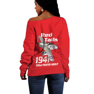 Tuskegee Red Tails Airmen Off Shoulder Sweater 332nd Fighter Group - Red - African Pride