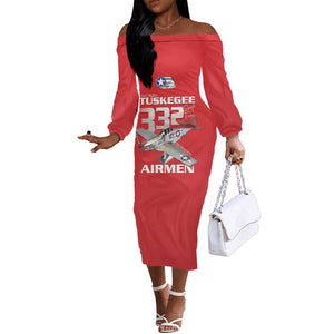 Tuskegee Red Tails Airmen Off The Shoulder Long Sleeve Dress 332nd Fighter Group - Red - African Pride