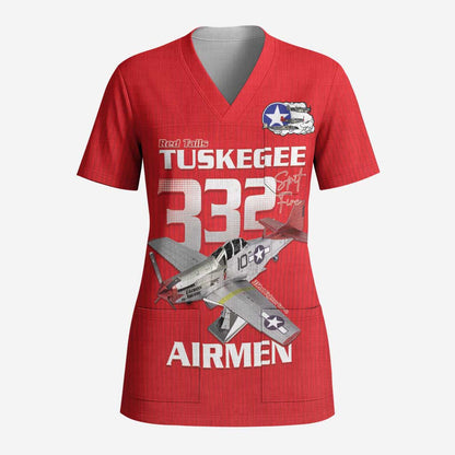 Tuskegee Red Tails Airmen Scrub Top P-51 Mustang 332nd Fighter Group - Red - African Pride
