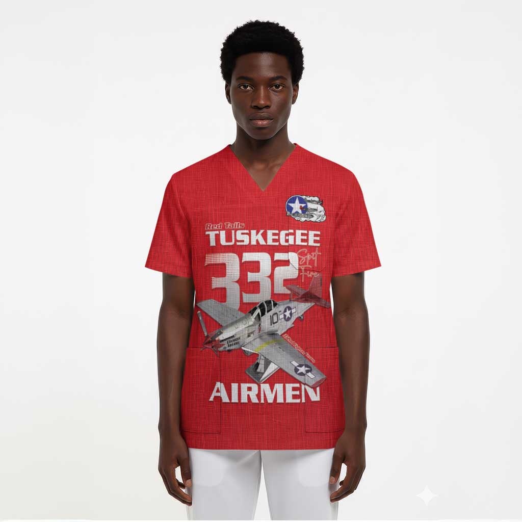 Tuskegee Red Tails Airmen Scrub Top P-51 Mustang 332nd Fighter Group - Red - African Pride