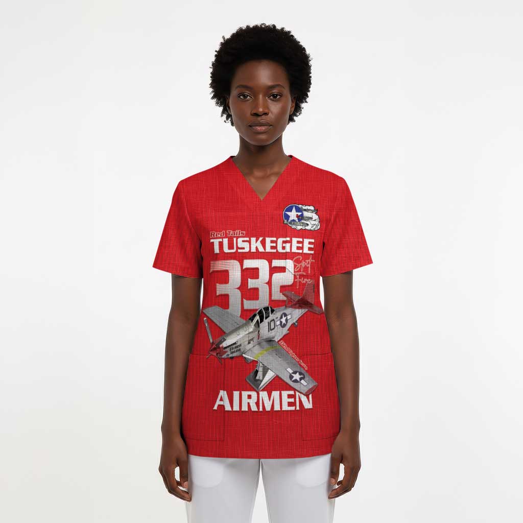 Tuskegee Red Tails Airmen Scrub Top P-51 Mustang 332nd Fighter Group - Red - African Pride