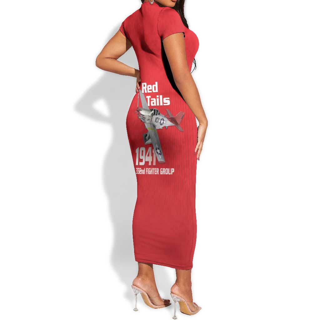 Tuskegee Red Tails Airmen Short Sleeve Bodycon Dress 332nd Fighter Group - Red - African Pride