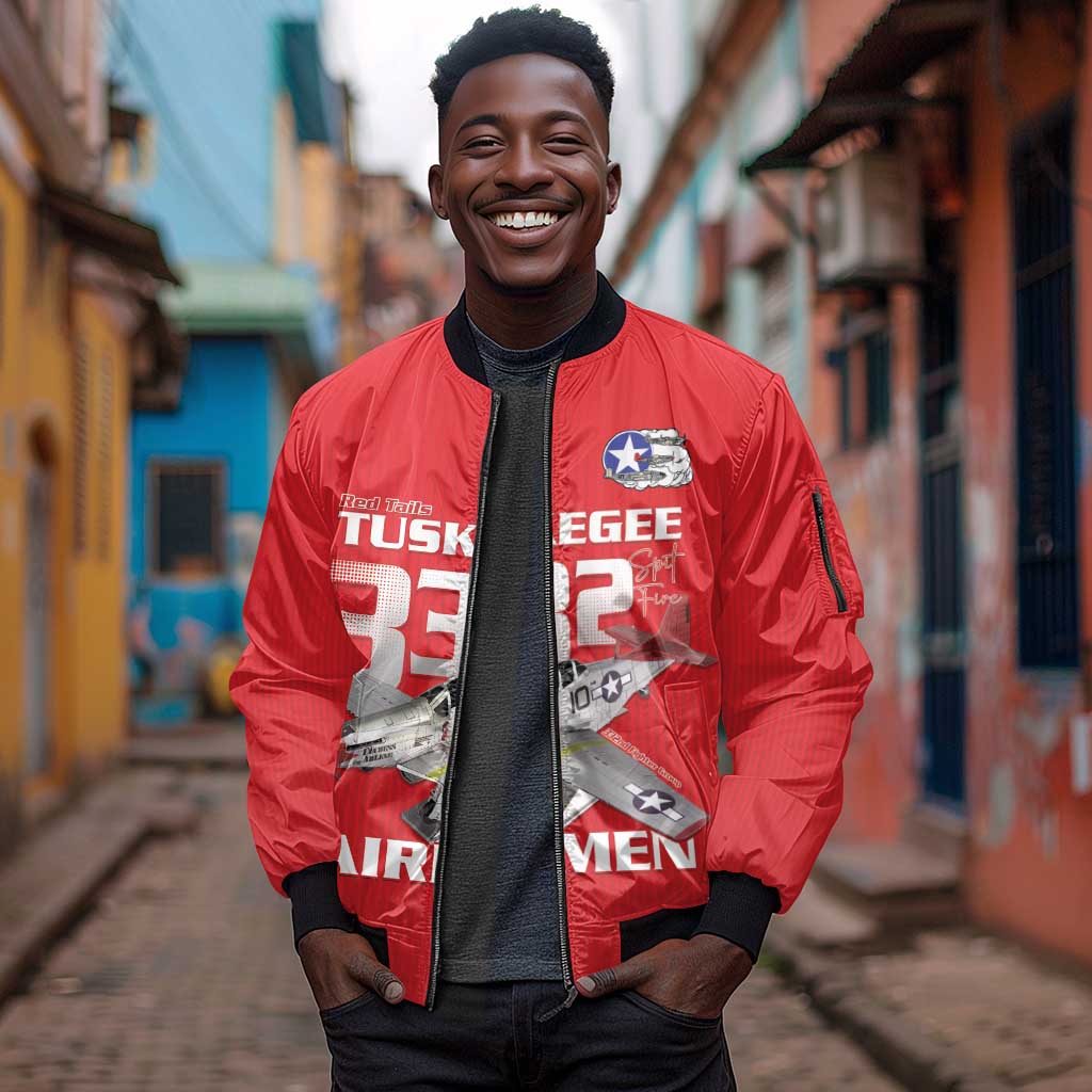 Tuskegee Red Tails Airmen Sleeve Zip Bomber Jacket 332nd Fighter Group - Red - African Pride