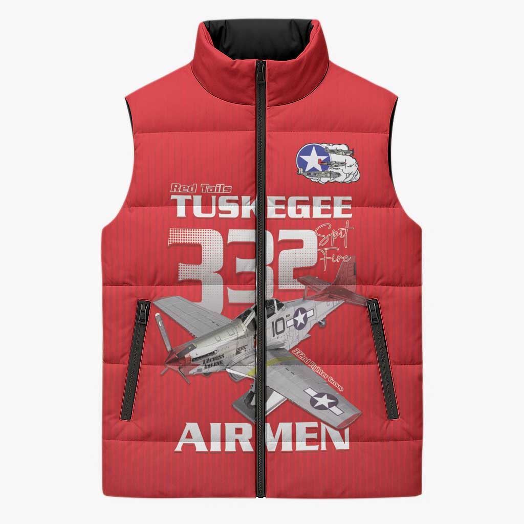 Tuskegee Red Tails Airmen Sleeveless Puffer Jacket P-51 Mustang 332nd Fighter Group - Red