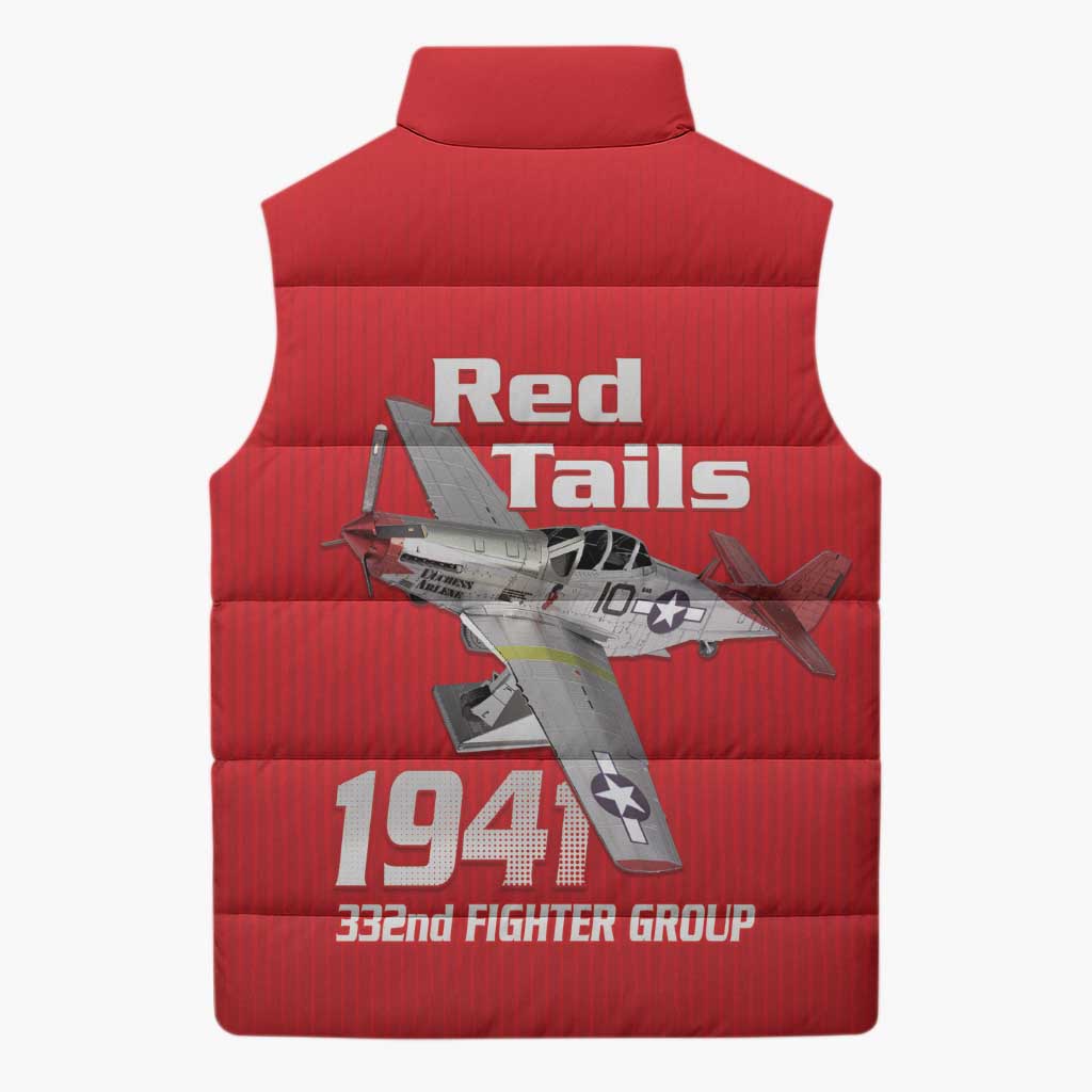 Tuskegee Red Tails Airmen Sleeveless Puffer Jacket P-51 Mustang 332nd Fighter Group - Red