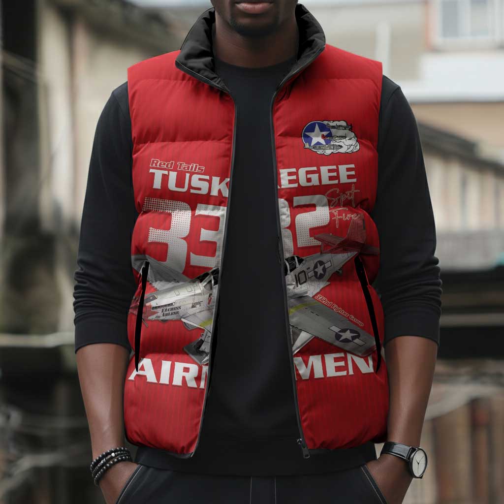 Tuskegee Red Tails Airmen Sleeveless Puffer Jacket P-51 Mustang 332nd Fighter Group - Red