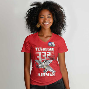 Tuskegee Red Tails Airmen Women V-Neck T-Shirt 332nd Fighter Group - Red - African Pride