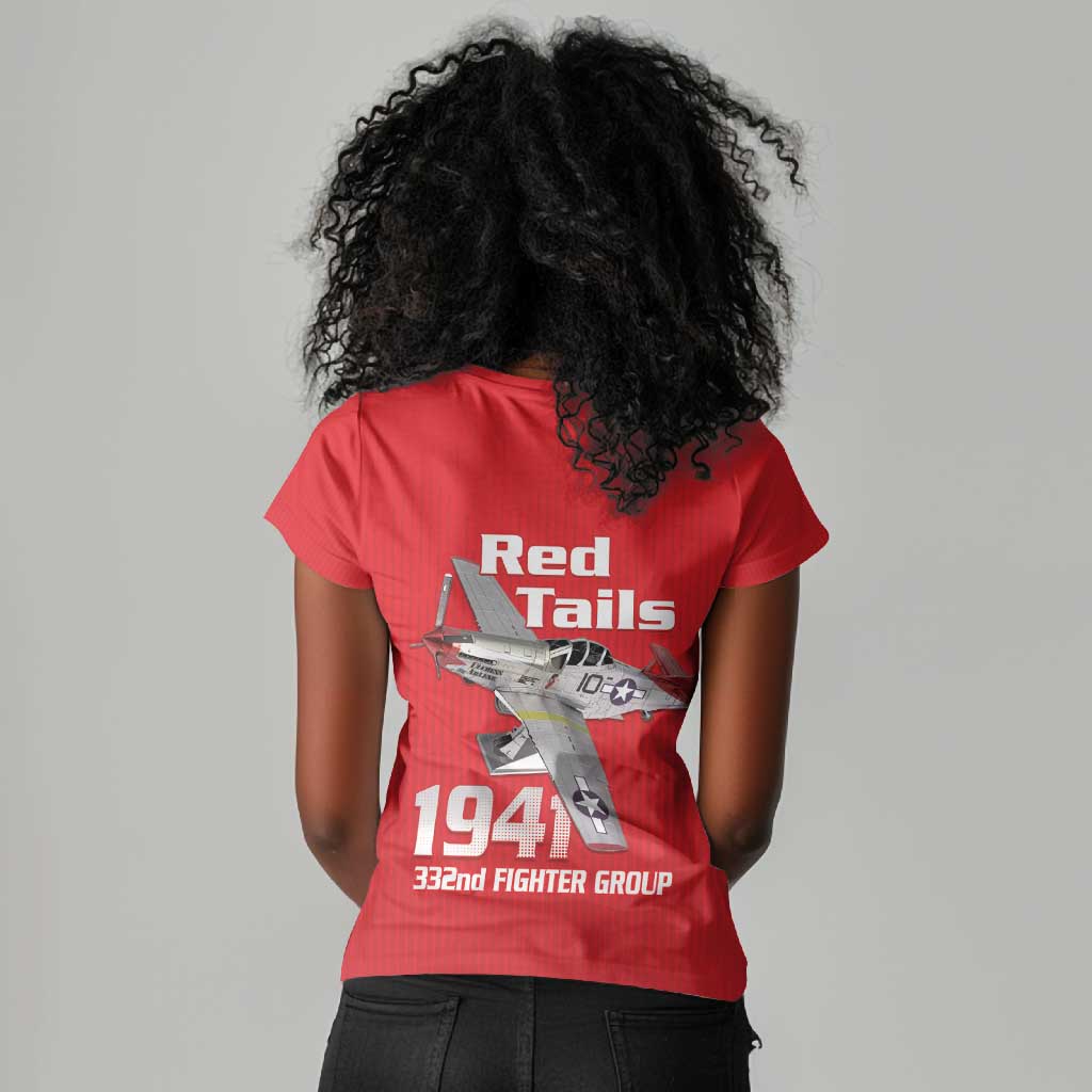 Tuskegee Red Tails Airmen Women V-Neck T-Shirt 332nd Fighter Group - Red - African Pride