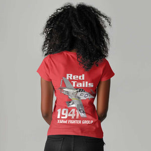 Tuskegee Red Tails Airmen Women V-Neck T-Shirt 332nd Fighter Group - Red - African Pride