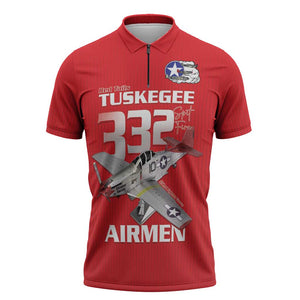 Tuskegee Red Tails Airmen Zipper Polo Shirt P-51 Mustang 332nd Fighter Group - Red