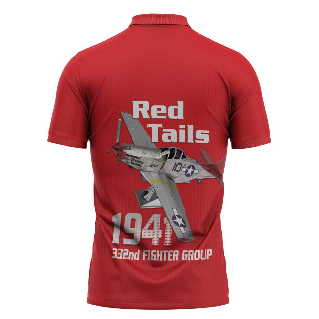 Tuskegee Red Tails Airmen Zipper Polo Shirt P-51 Mustang 332nd Fighter Group - Red