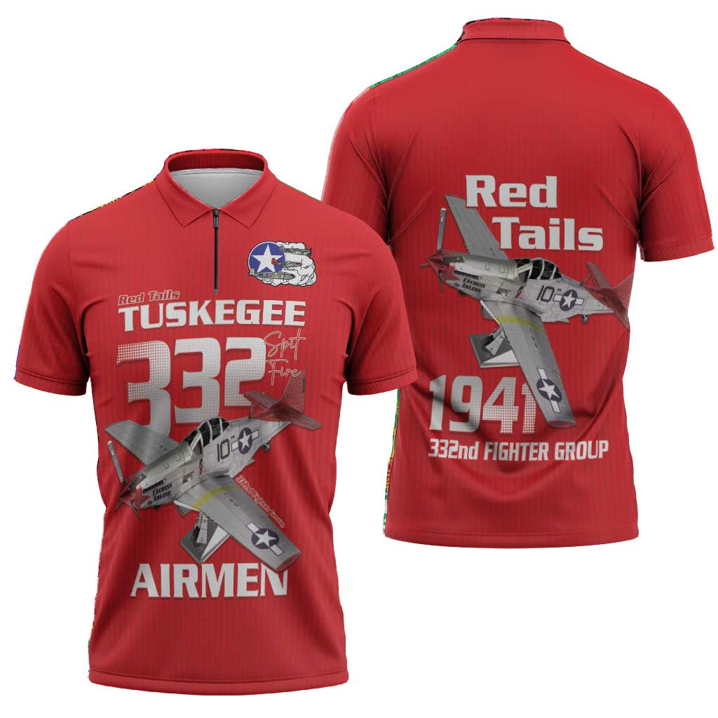 Tuskegee Red Tails Airmen Zipper Polo Shirt P-51 Mustang 332nd Fighter Group - Red