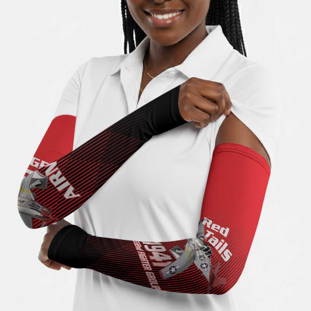 Tuskegee Red Tails Airmen Arm Sleeves P-51 Mustang 332nd Fighter Group - Black Red