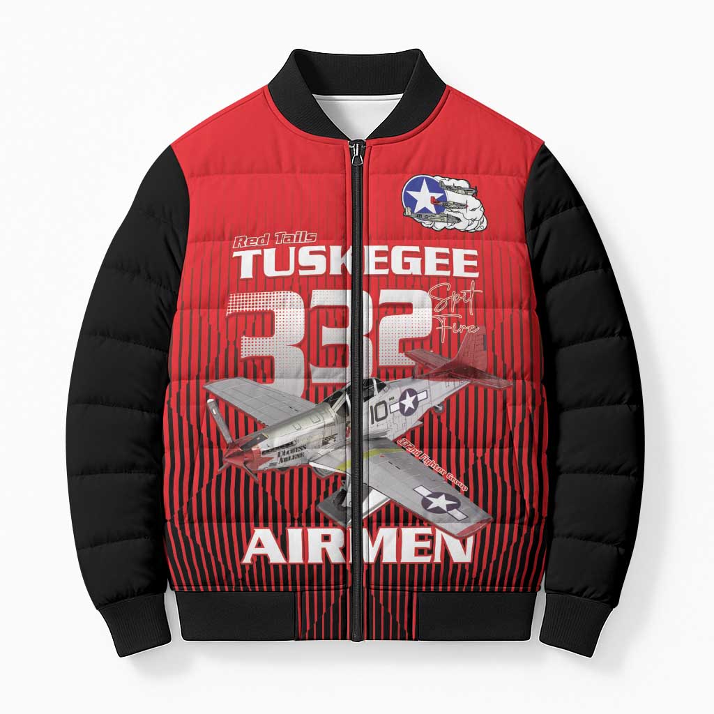 Tuskegee Red Tails Airmen Bomber Puffer Jacket P-51 Mustang 332nd Fighter Group - Black Red