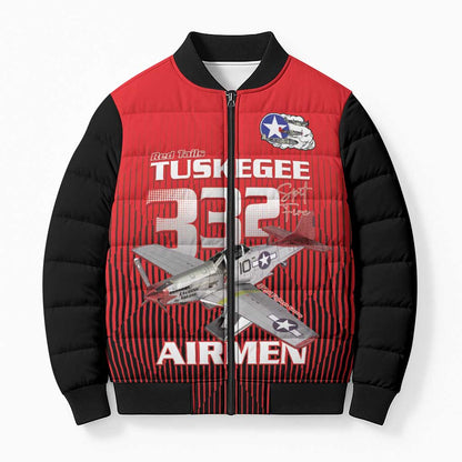 Tuskegee Red Tails Airmen Bomber Puffer Jacket P-51 Mustang 332nd Fighter Group - Black Red
