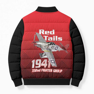Tuskegee Red Tails Airmen Bomber Puffer Jacket P-51 Mustang 332nd Fighter Group - Black Red
