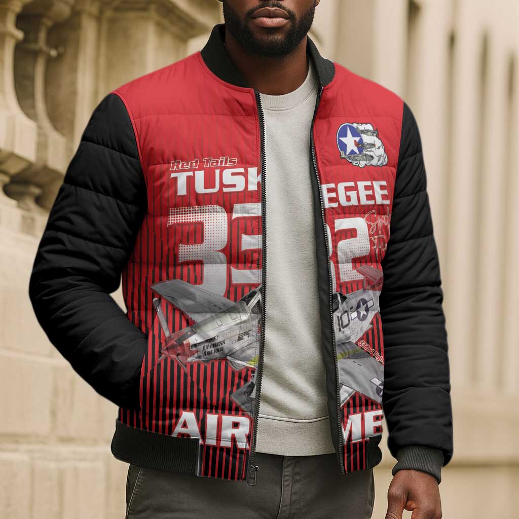 Tuskegee Red Tails Airmen Bomber Puffer Jacket P-51 Mustang 332nd Fighter Group - Black Red