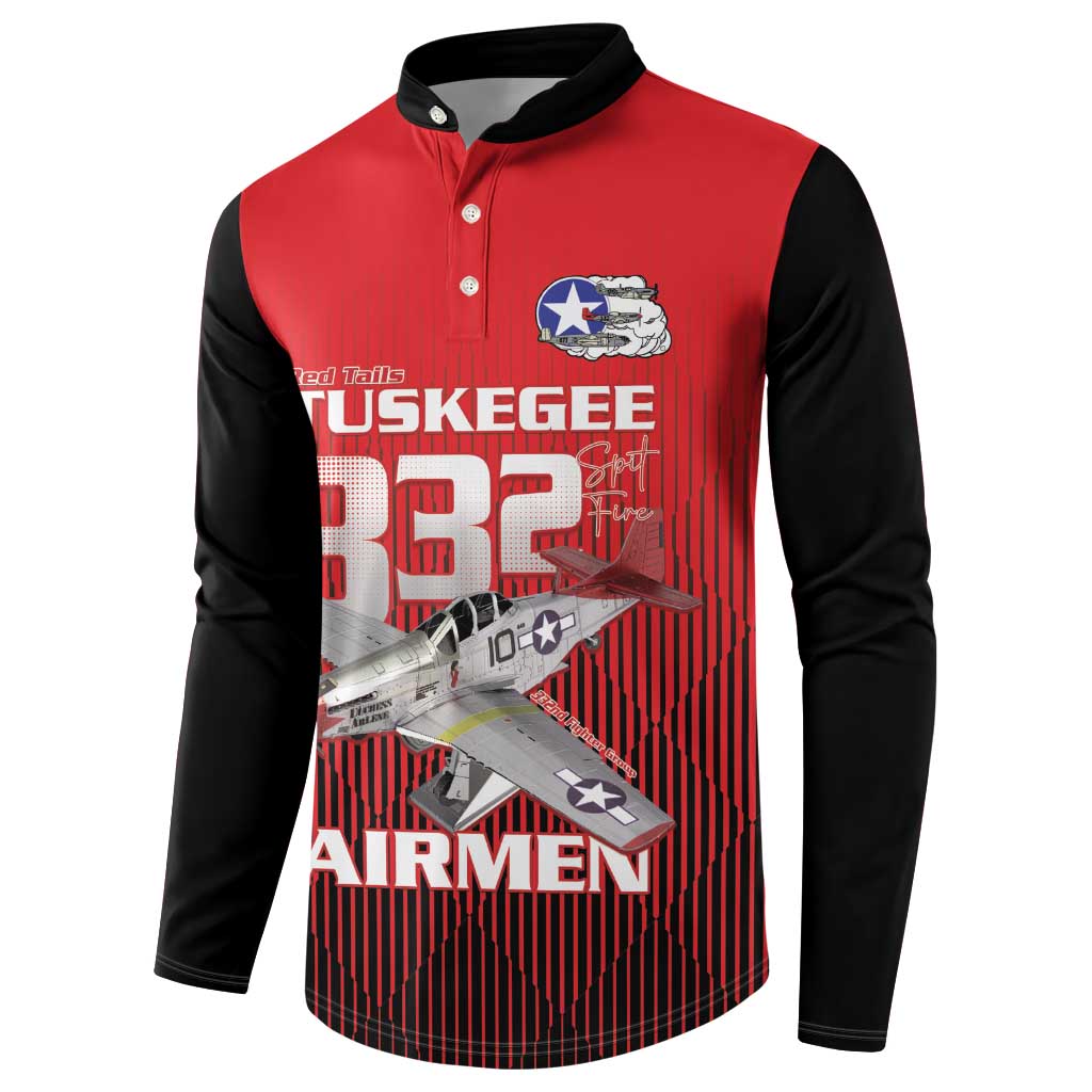 Tuskegee Red Tails Airmen Button Sweatshirt P-51 Mustang 332nd Fighter Group - Black Red