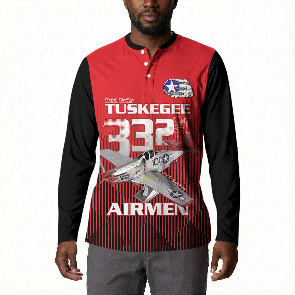 Tuskegee Red Tails Airmen Button Sweatshirt P-51 Mustang 332nd Fighter Group - Black Red