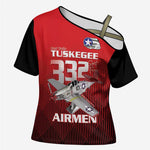 Tuskegee Red Tails Airmen Cross Shoulder Shirt P-51 Mustang 332nd Fighter Group - Black Red