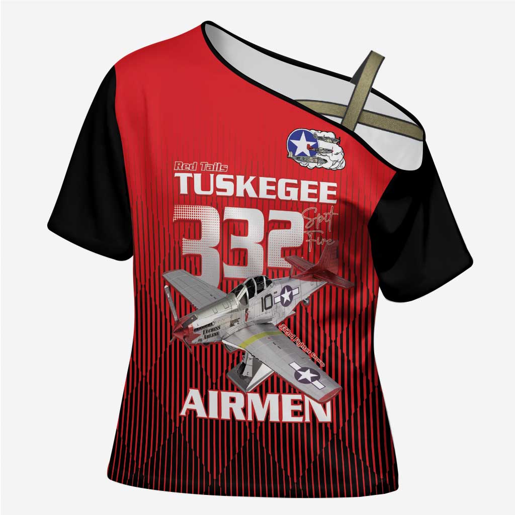 Tuskegee Red Tails Airmen Cross Shoulder Shirt P-51 Mustang 332nd Fighter Group - Black Red