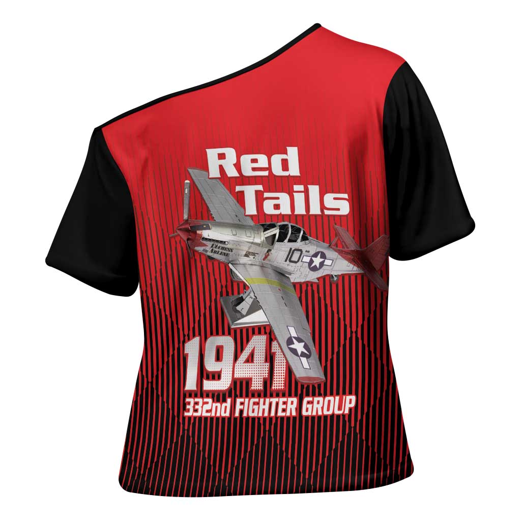 Tuskegee Red Tails Airmen Cross Shoulder Shirt P-51 Mustang 332nd Fighter Group - Black Red