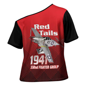 Tuskegee Red Tails Airmen Cross Shoulder Shirt P-51 Mustang 332nd Fighter Group - Black Red