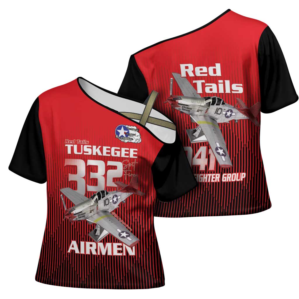 Tuskegee Red Tails Airmen Cross Shoulder Shirt P-51 Mustang 332nd Fighter Group - Black Red