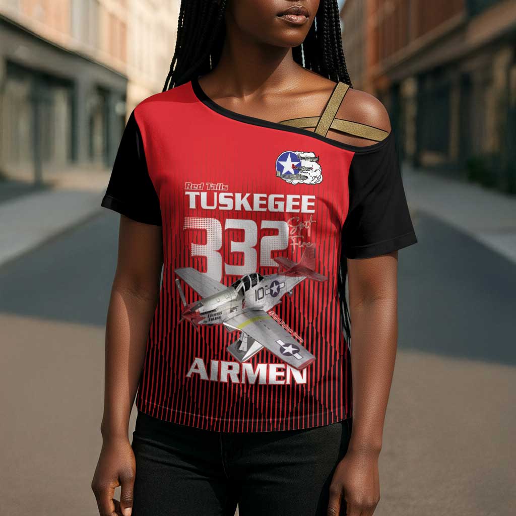 Tuskegee Red Tails Airmen Cross Shoulder Shirt P-51 Mustang 332nd Fighter Group - Black Red